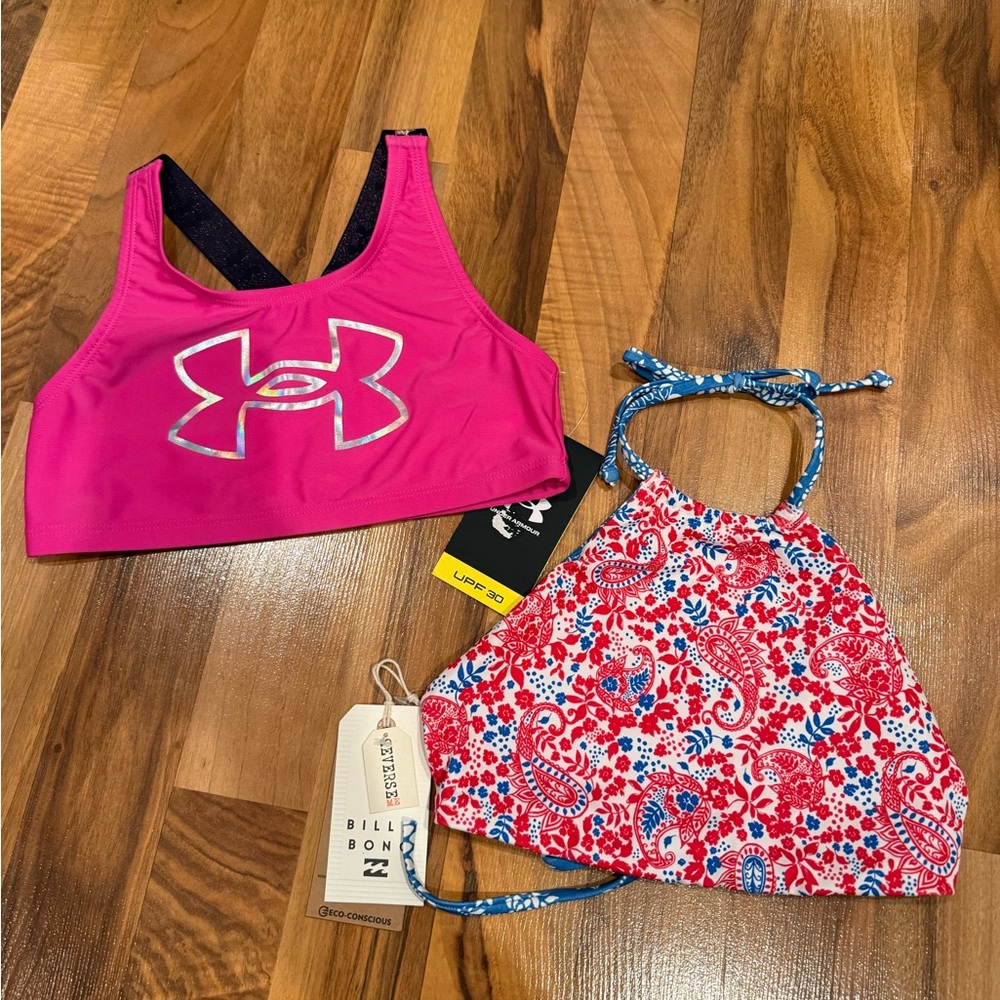 Under armour and billabong set 2 swim tops youth size 10 NWT